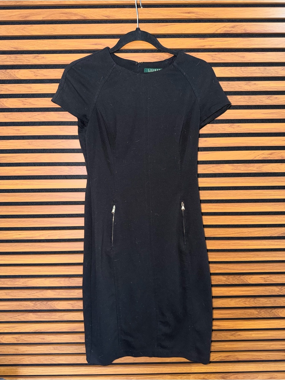 Ralph Lauren Black Short-Sleeve Midi Sheath Dress with Zip Pockets